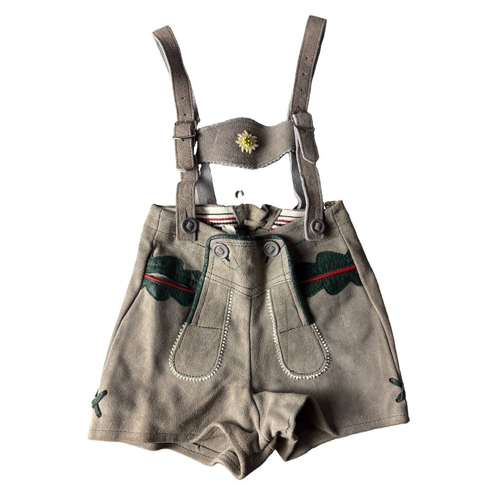 VTG Lederhosen Real Leather Overalls Shorts Kids Sz 3 Gray Oktoberfest 18” Waist